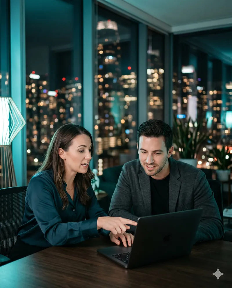 Two professionals reviewing a digital strategy on a laptop
