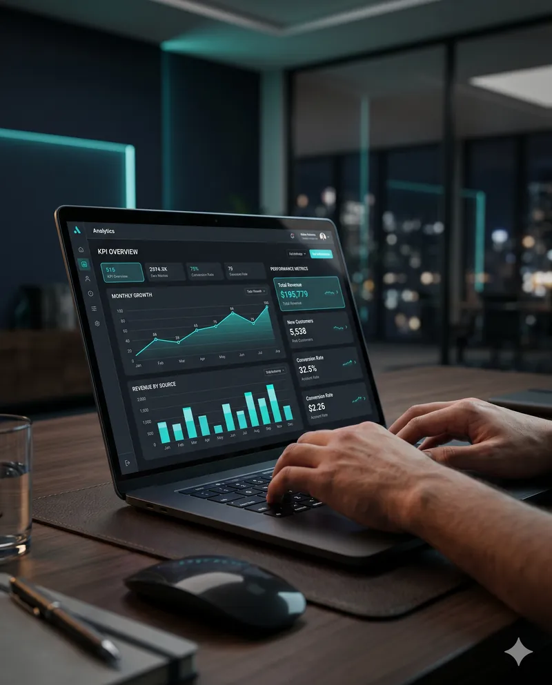 Analytics dashboard with growth metrics on a laptop